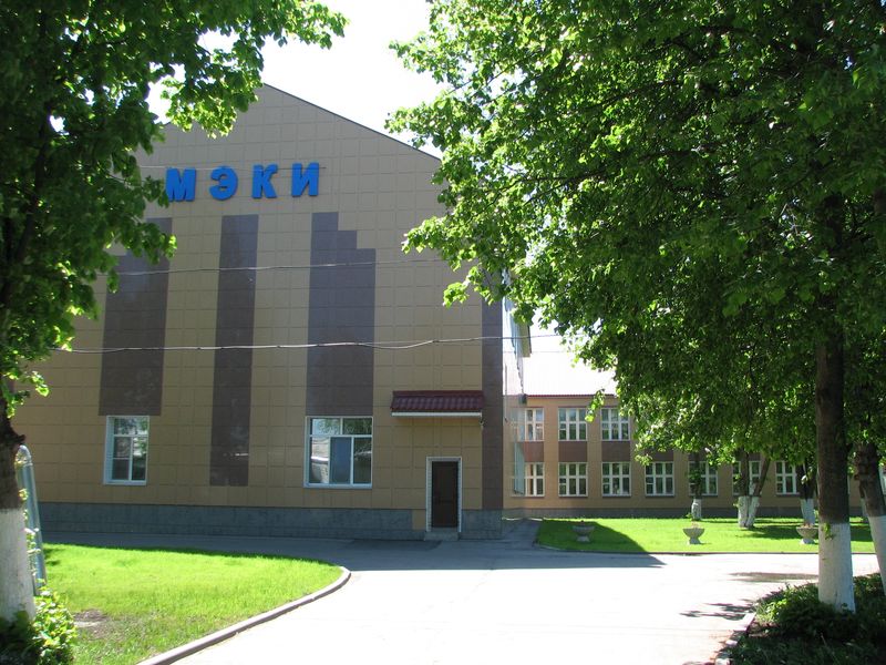 Цветное фото. Солнечный летний день. На фото в отдалении здание Михайловского  экономического колледжа интерната, на фасаде здания крупные буквы МЭКИ, это аббревиатура названия колледжа. К колледжу ведет асфальтированная дорога. На переднем плане листва деревьев.